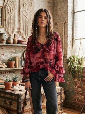 Free People Day Dreaming Blouse | Sheer Floral Ruffle Top | Size Medium NWT